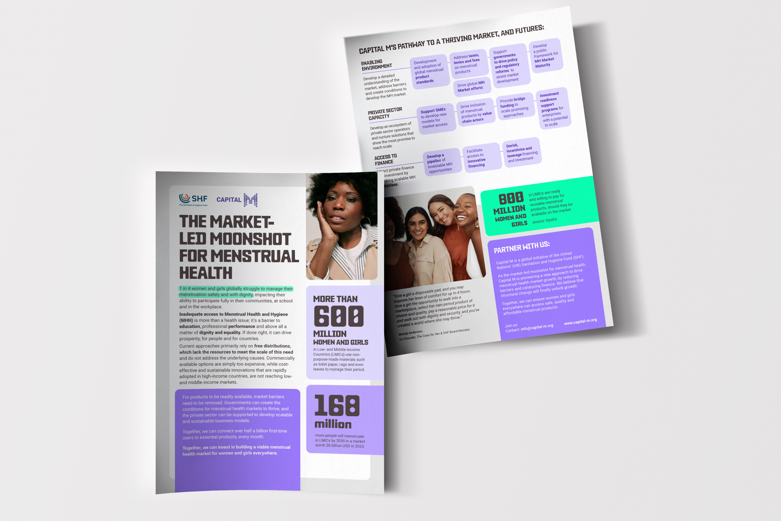 Folded brochure with health-related information, charts, and a photo of a Black woman with short curly hair. The brochure discusses market-led moonshot for menstrual health, featuring statistics of women and girls affected, and partnerships. The colors include purple, green, and white.