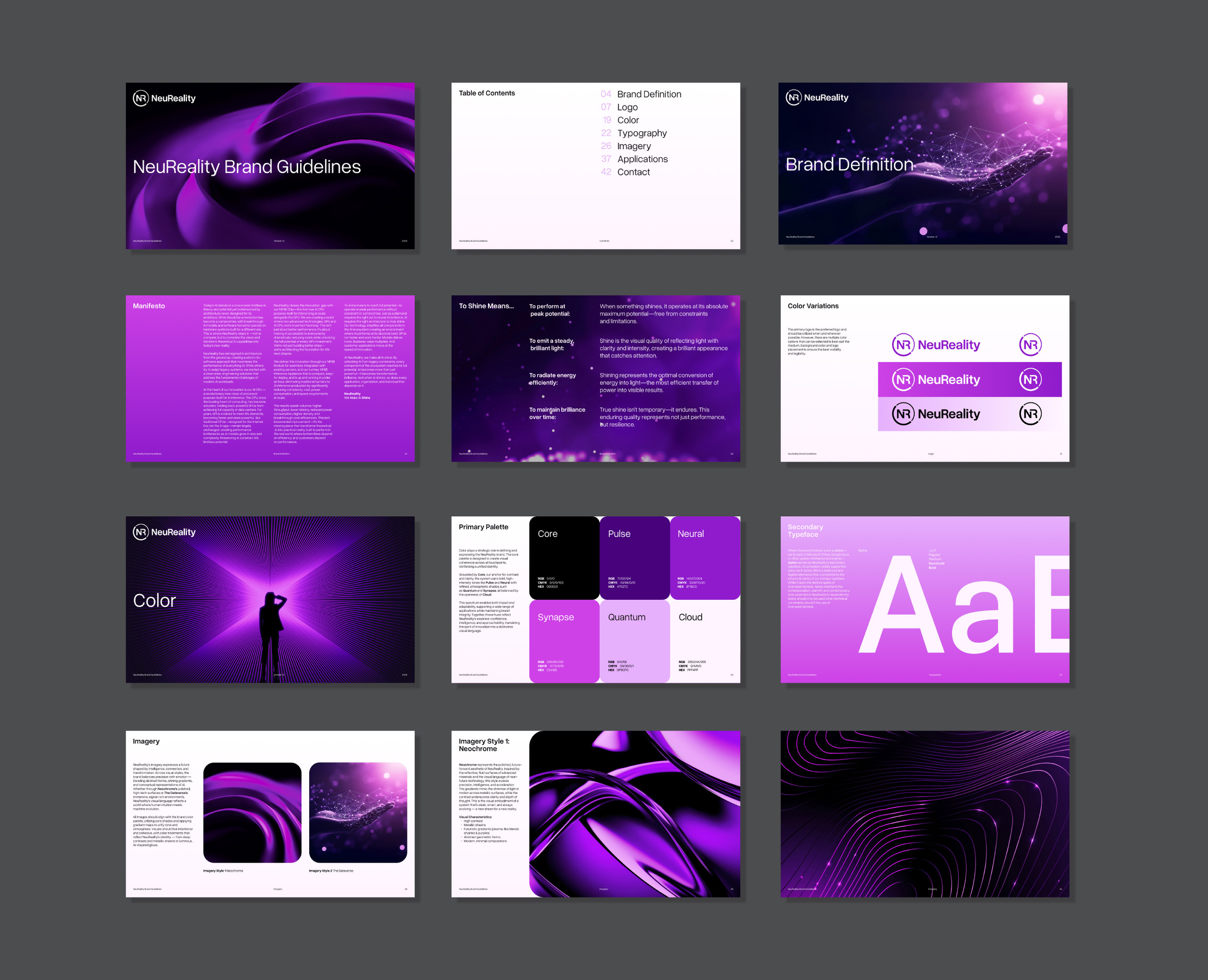 A collage of presentation slides with a futuristic theme, purple and black color scheme, including brand guidelines, color schemes, typography, imagery, and style examples for NeoReality.
