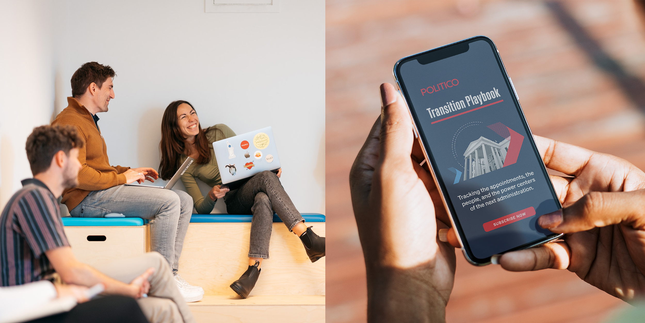 Group of four young adults in a casual setting, having a discussion, with one person holding a laptop decorated with stickers. The background is plain white, and they appear to be engaged and smiling.