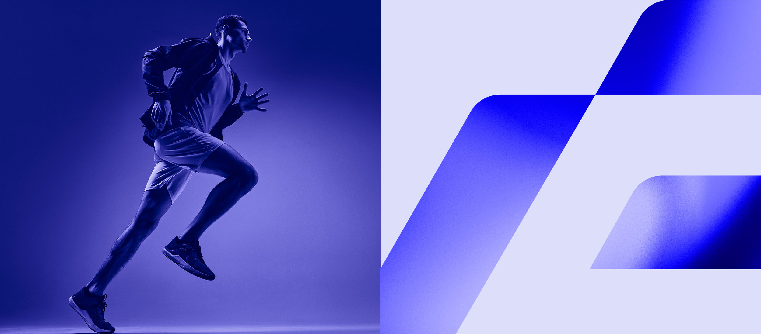 A male runner in athletic attire mid-jump against a dark blue background, with a geometric blue design on the right side of the image.