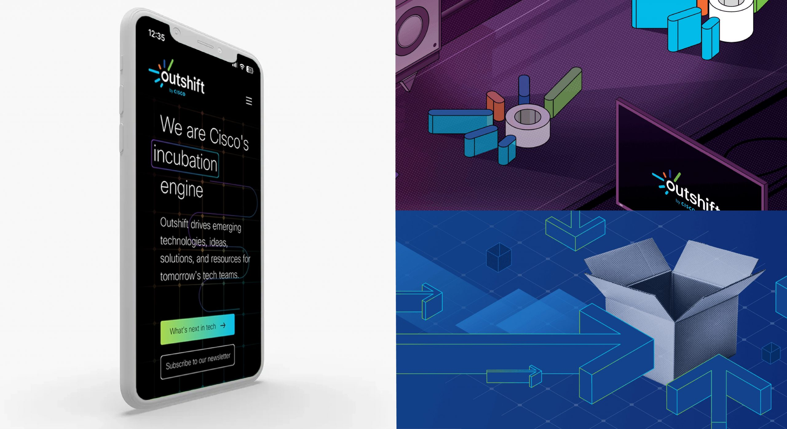 A smartphone screen displays Cisco's Outshift website with a black background and text about driving emerging technologies. The top of the screen shows a time of 12:35 and battery icon.