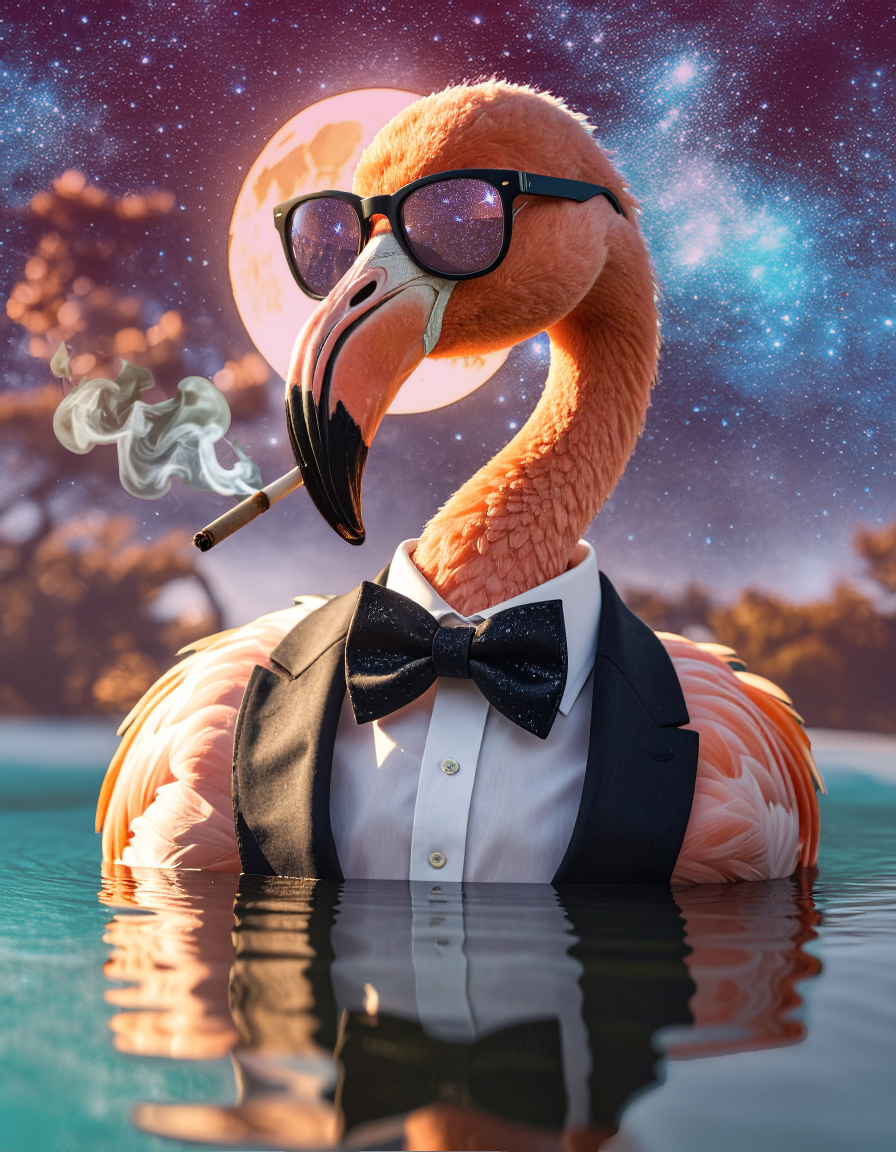 A stylized flamingo wearing sunglasses, a tuxedo vest, and a bow tie, smoking a cigarette. The background features a starry night sky with a full moon.