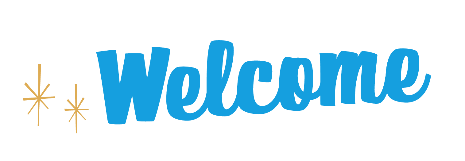 Graphic with the word "Welcome" in large blue cursive font, accompanied by two gold asterisk-like designs to the left.