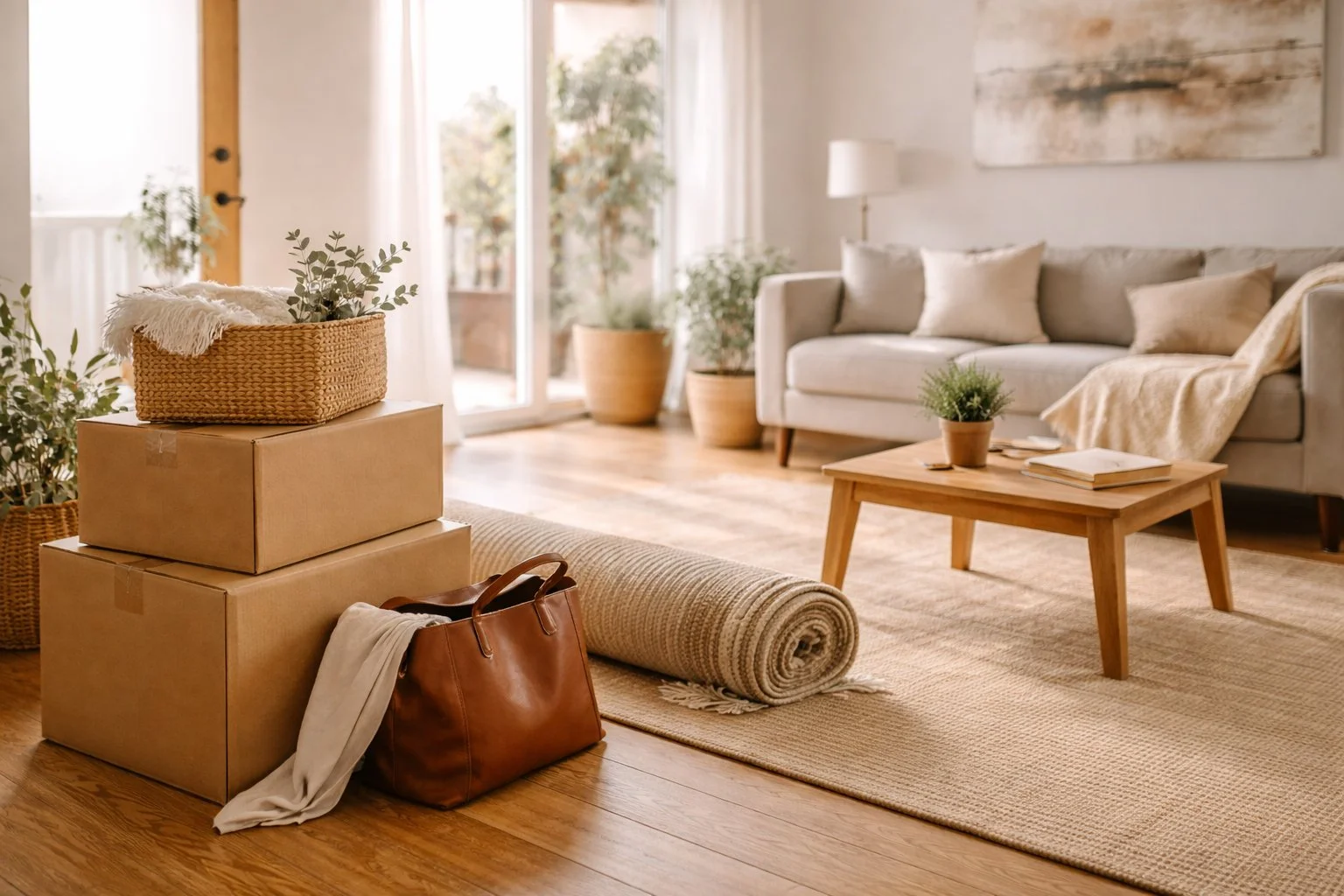 Cozy living room with a beige sofa, potted plants, wooden coffee table, and packed boxes with a bag and rolled-up rug, bright natural Light.