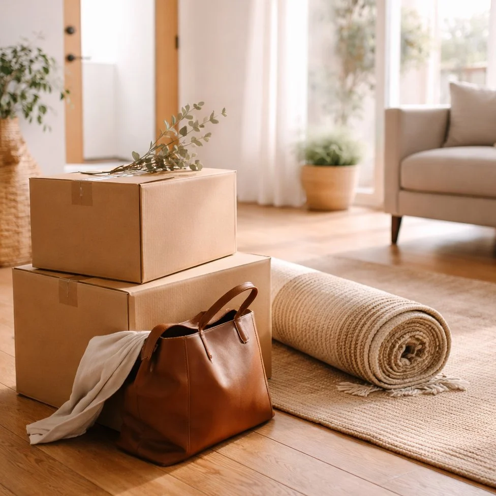 Moving boxes, a rolled rug, a leather bag with a cloth, and a branch with leaves on top of the boxes are in a living room with wooden flooring, a gray couch, a potted plant, and a glass door with curtains.