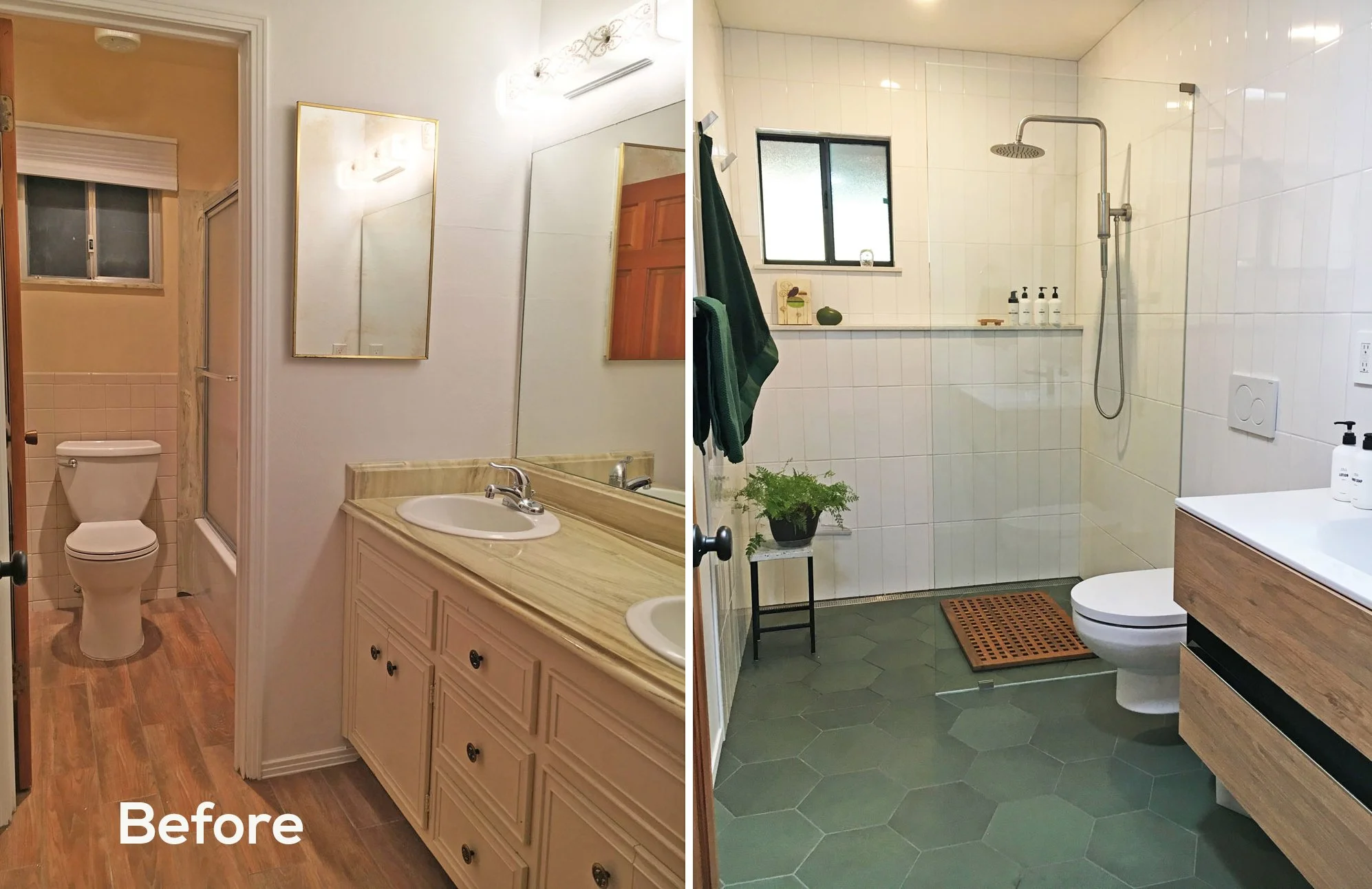 Side-by-side images of a small bathroom before and after renovation. The before image shows a beige vanity with dual sinks, a large mirror, wood flooring, and an adjacent toilet and shower area. The after image features a modern bathroom with white tiles, dark green hexagonal floor tiles, a walk-in shower with a rainfall showerhead, a small window, and minimalist decor with a plant and toiletries.