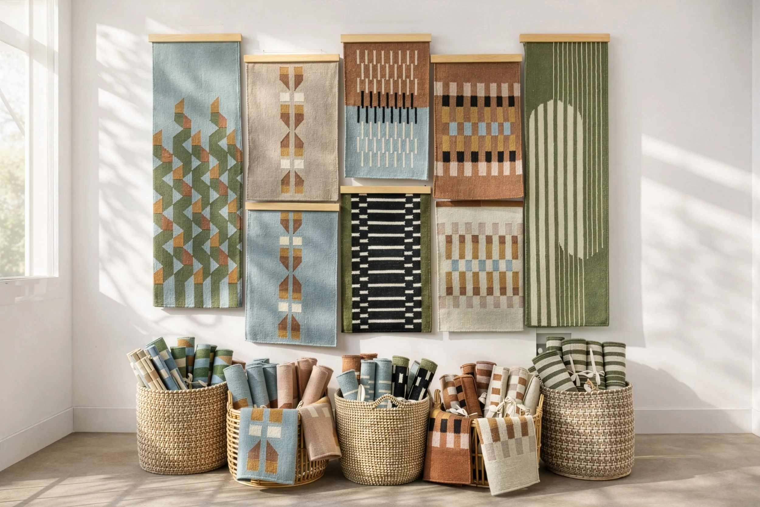 Display of various woven wall Hangings and baskets filled with rolled rugs or blankets in a well-lit room.