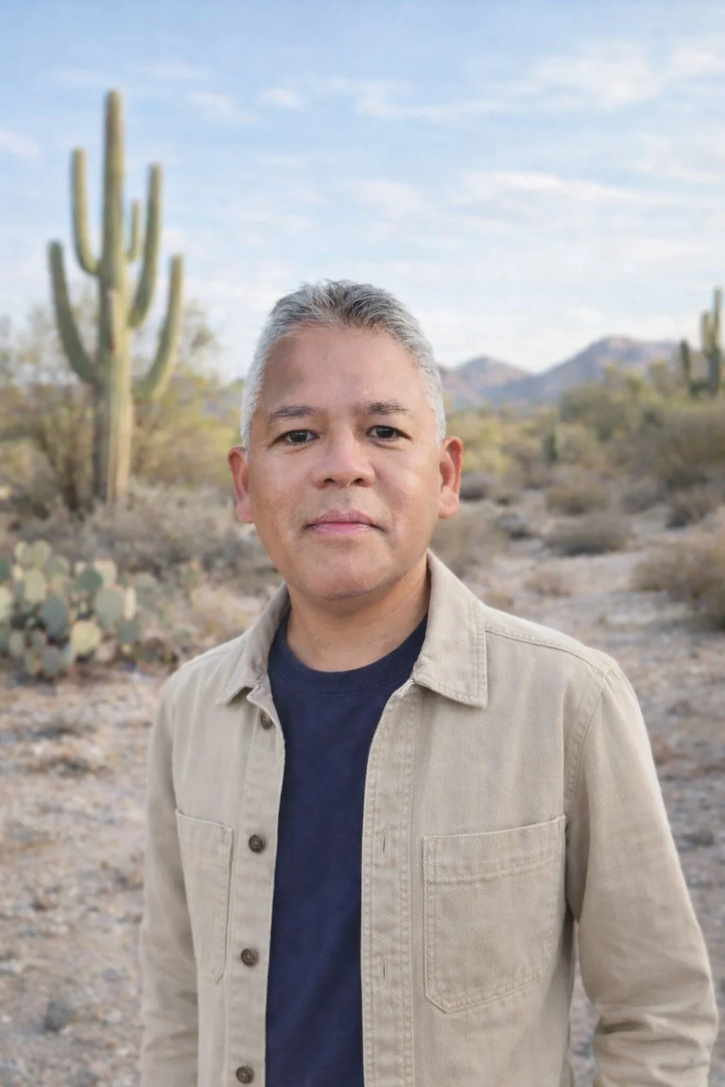 A man with short gray hair standing in a Tucson desert landscape with cacti and mountains in the background.