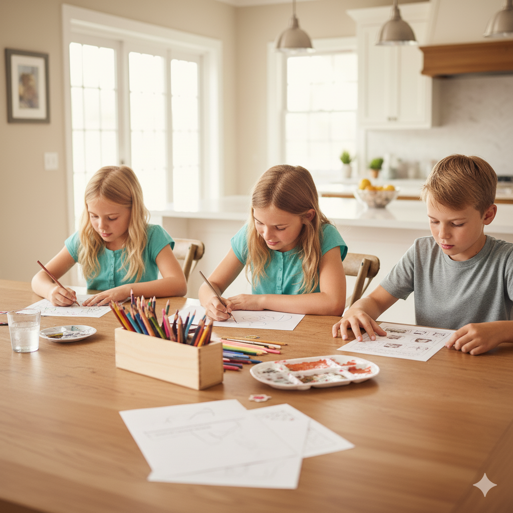Three children, two girls and one boy, drawing at a wooden table with colored pencils and paper in a bright kitchen.