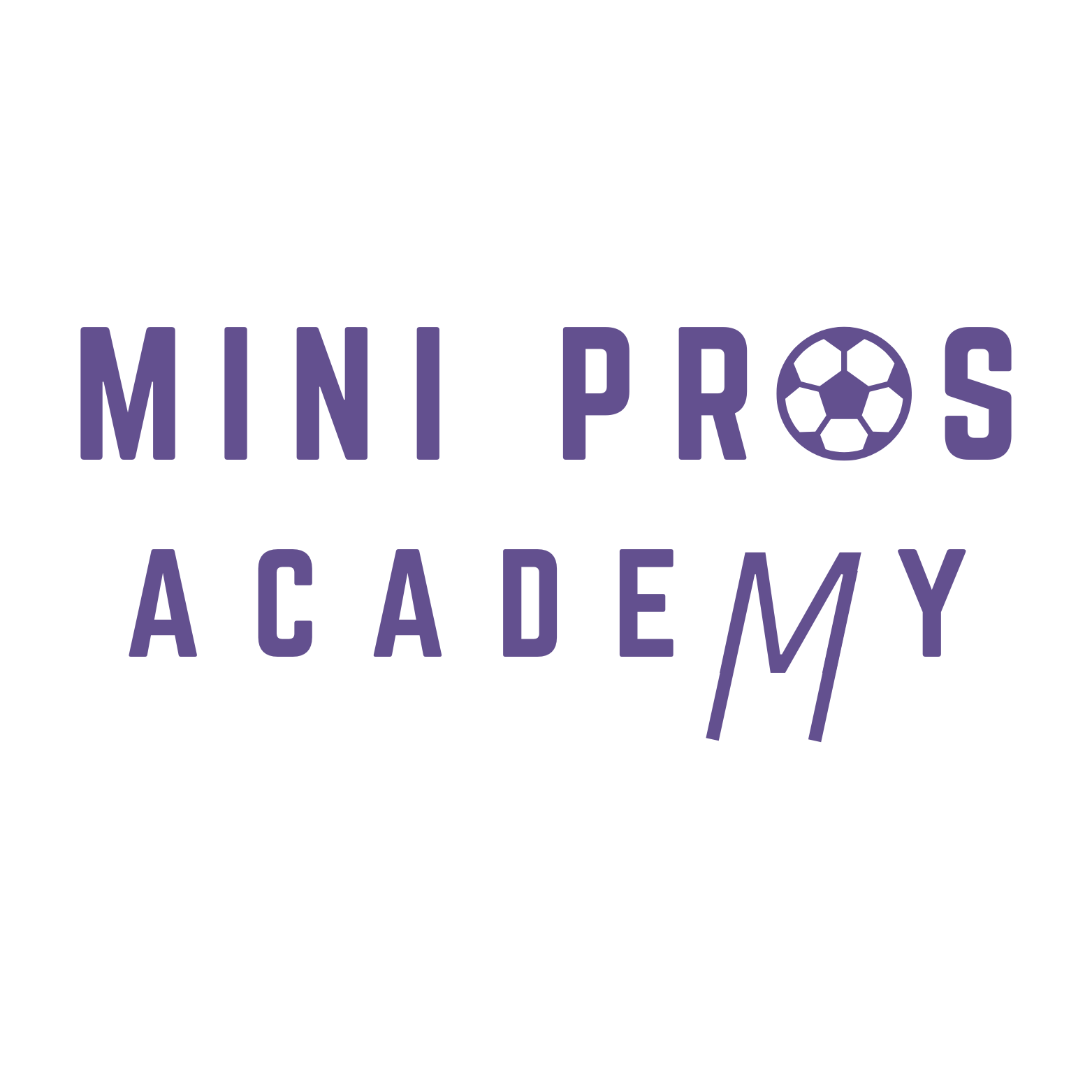 Logo for Mini Pros Academy with the words 'Mini Pros Academy' in purple text, and a soccer ball icon replacing the 'O' in 'Pros'.