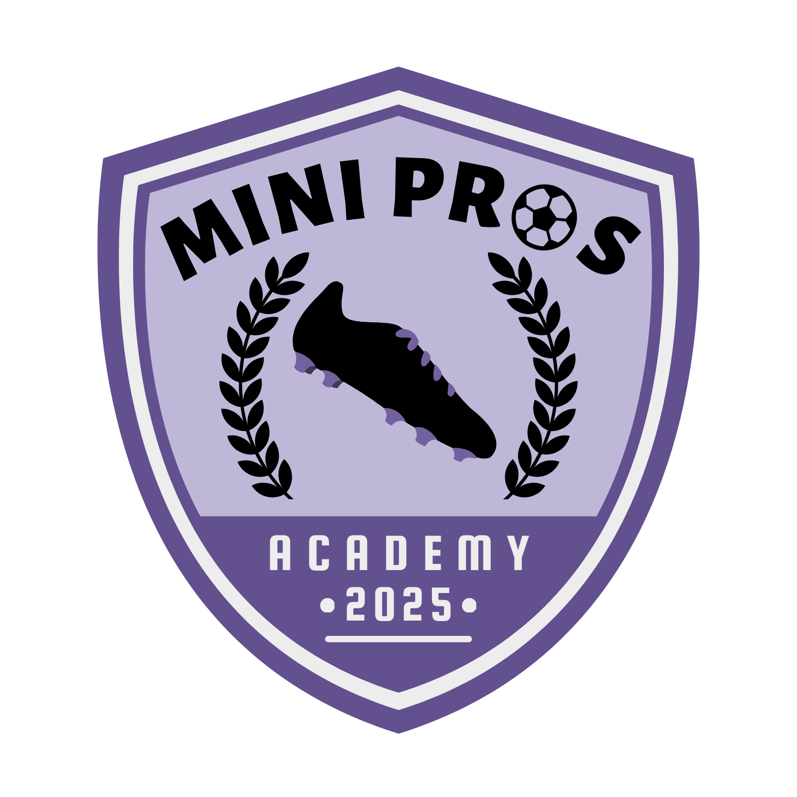 A shield-shaped badge with a purple background, featuring a black football shoe in the center, surrounded by two black laurel branches. The top text reads 'Mini Pros' with a small soccer ball icon, and the bottom text says 'Academy 2025' in white.