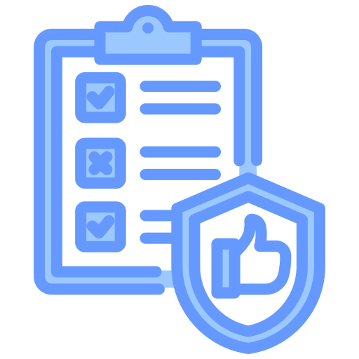 Clipboard with checklist and shield with a thumbs-up symbol, representing security or approval.