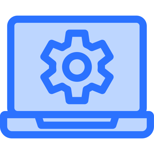 Blue computer screen with a gear icon in the center, representing settings or technology.