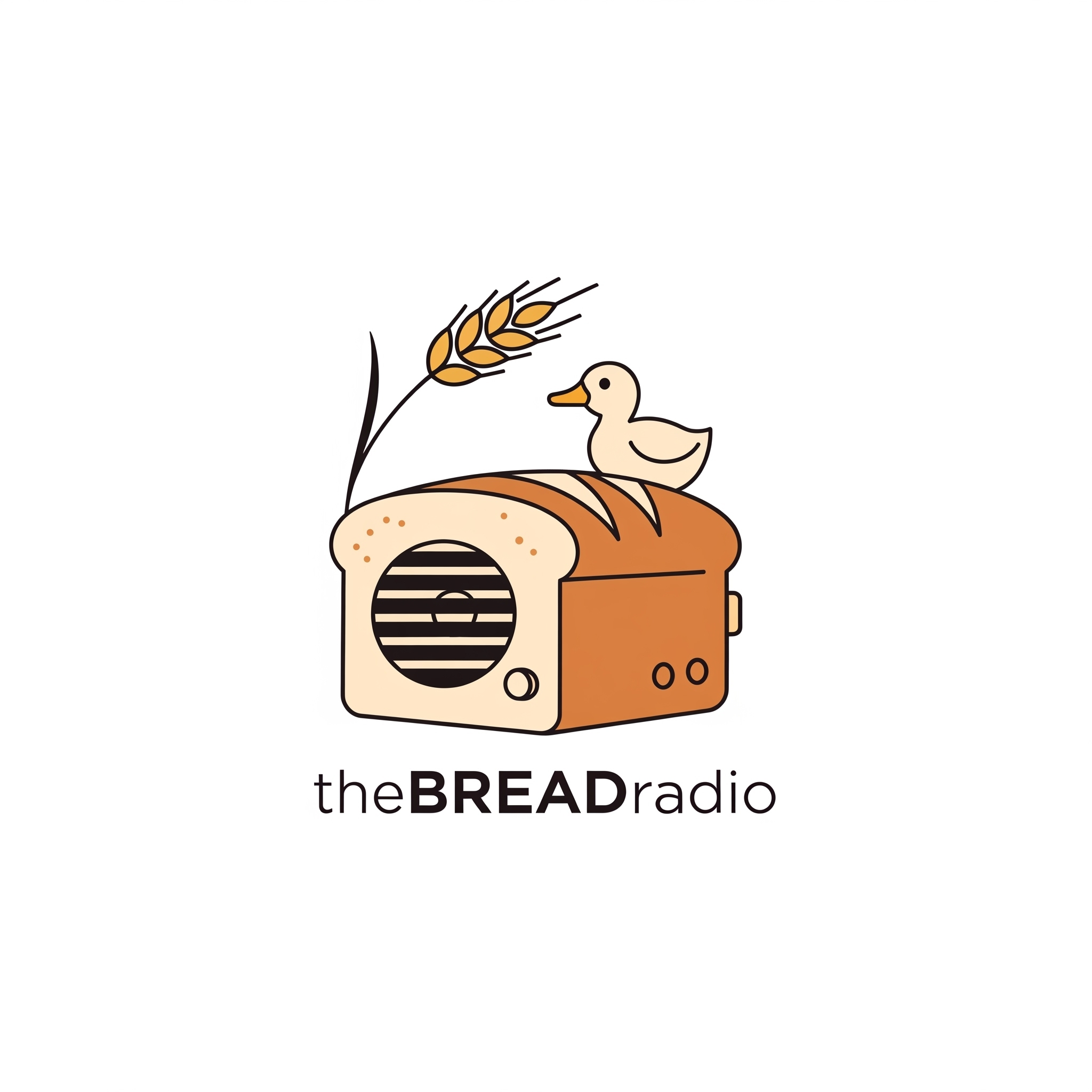 A cartoon illustration of a loaf of bread with a slice cut out, a duck sitting on top of the bread, and a wheat stalk beside it. Text below reads 'the BREAD radio'.