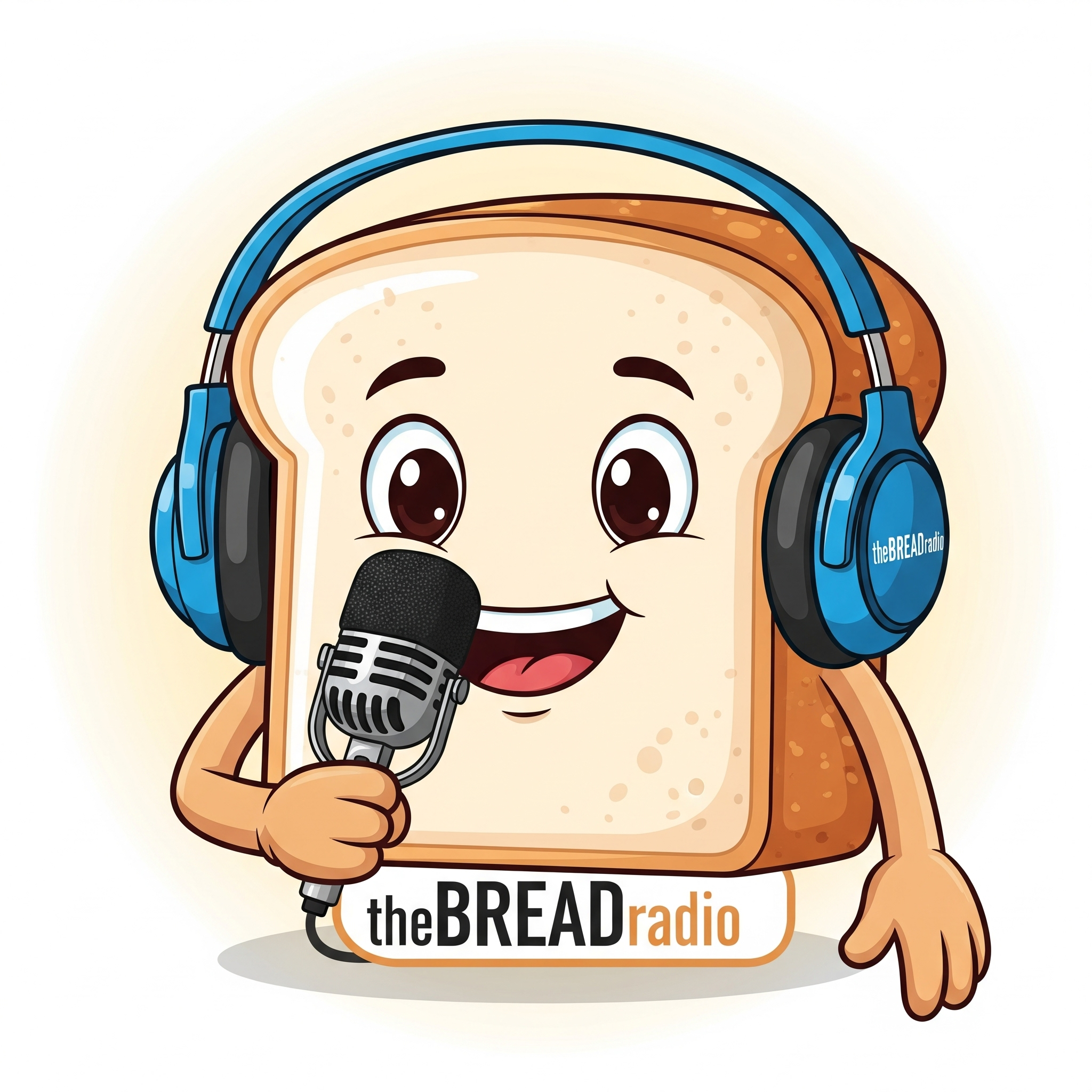 A cartoon slice of bread with big eyes and a wide smile, wearing blue headphones, holding a microphone, with the words 'theBREADradio' below.