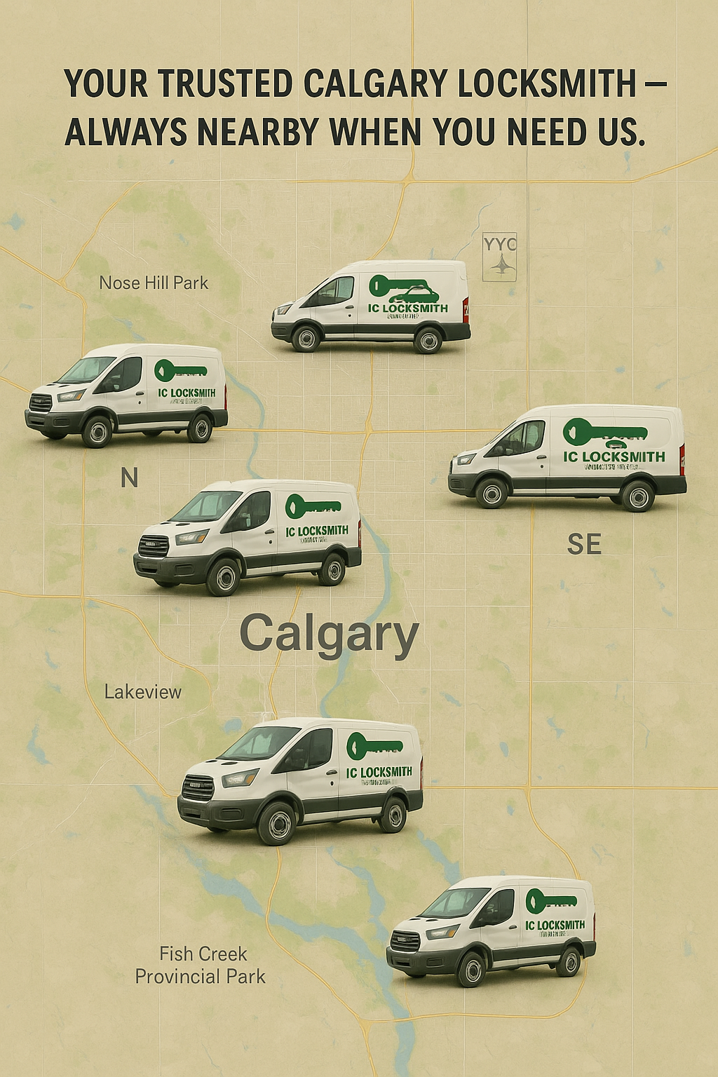 Map of Calgary with five locksmith vans parked at different locations, including Nose Hill Park, Lakeview, Fish Creek Provincial Park, and near the city center, with a large text heading stating 'Your trusted Calgary locksmith—always nearby when you need us.'