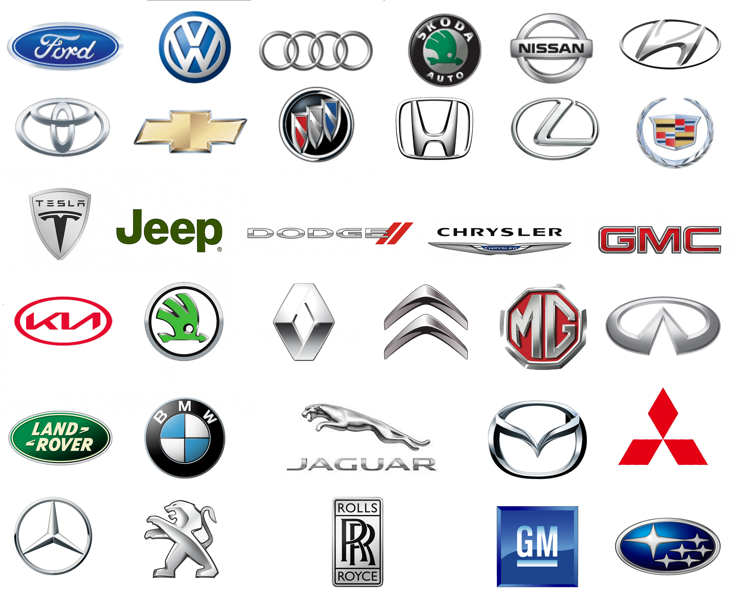 An array of auto manufacturer logos including Ford, Volkswagen, Audi, Skoda, Nissan, Hyundai, Toyota, Chevrolet, Buick, Tesla, Jeep, Dodge, Chrysler, GMC, Kia, Skoda, Renault, Citroën, Infiniti, Land Rover, BMW, Jaguar, Mazda, Mitsubishi, Mercedes-Benz, Peugeot, Rolls Royce, Mercedes-Benz, Subaru.