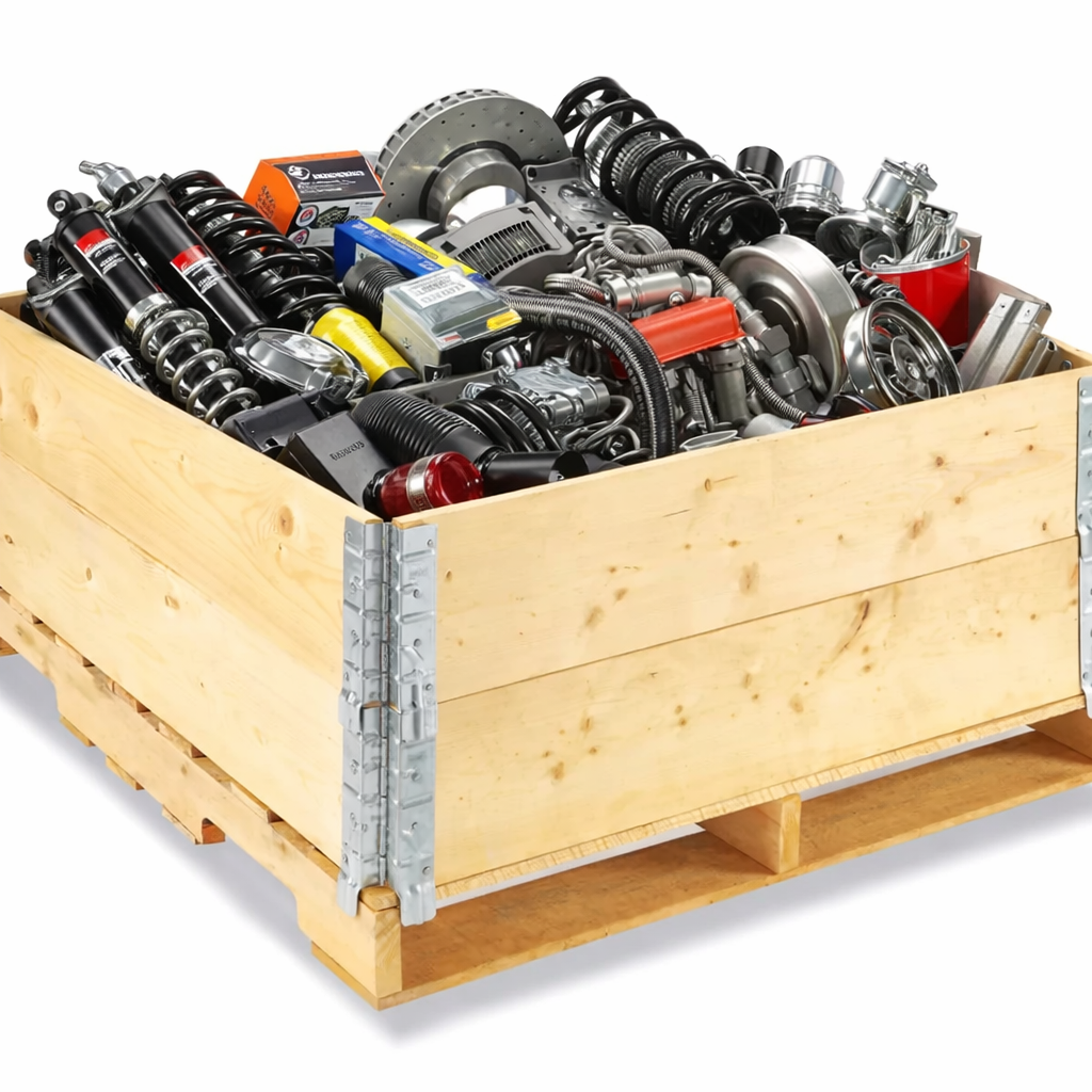American auto parts consolidated in export crate for shipment to European auto repair shops