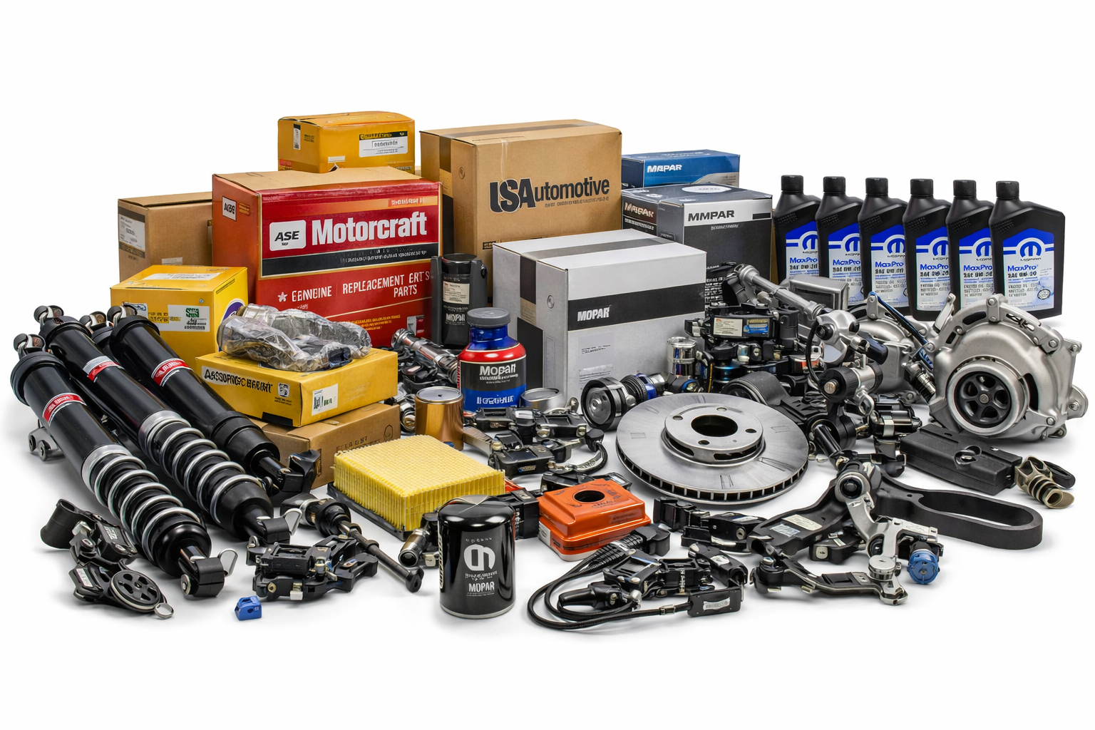 American auto parts including suspension, brake and engine components sourced for export to Europe