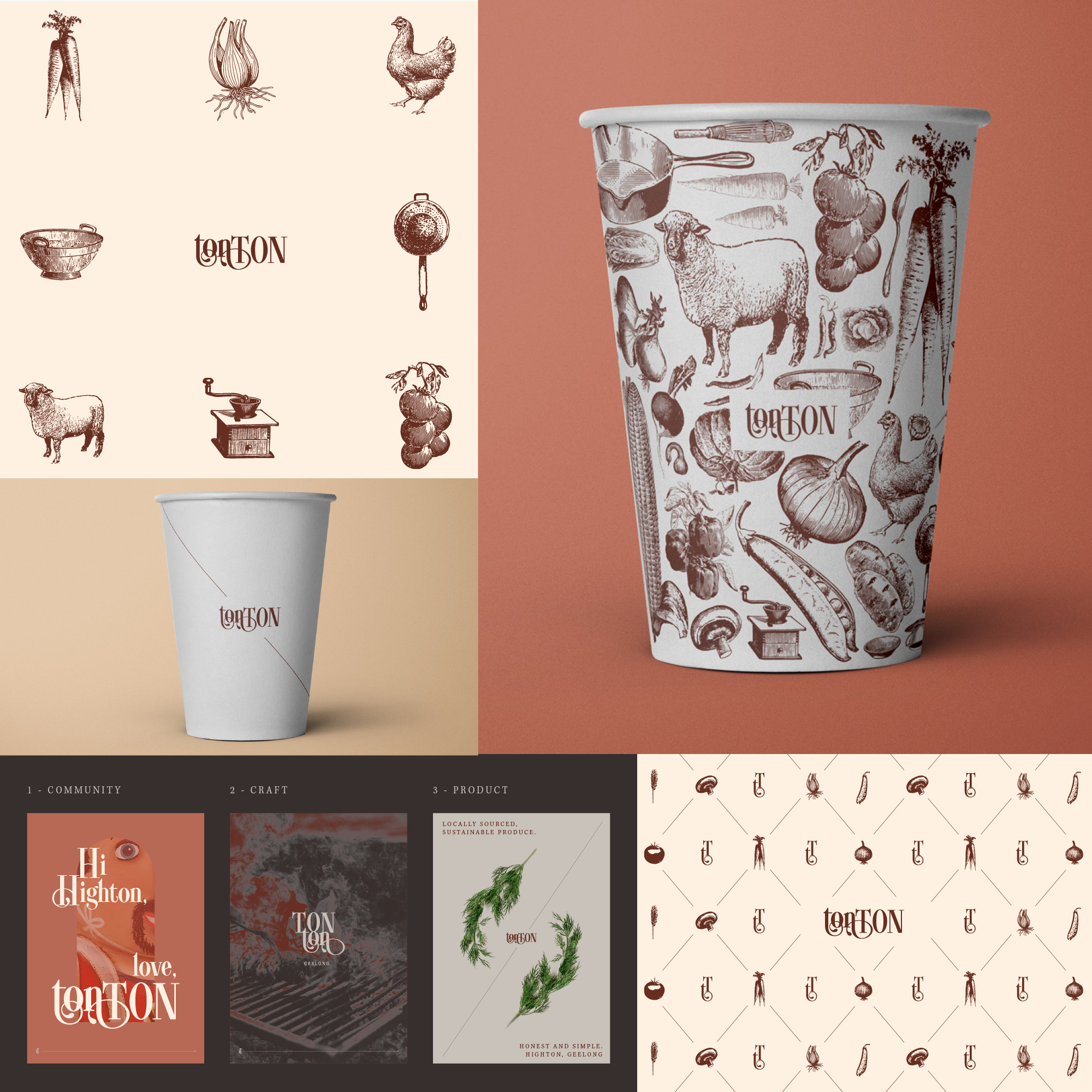 A disposable paper cup decorated with illustrations of vegetables, a sheep, a chicken, a fruit, and kitchen utensils, with the word 'tonTON' printed on it.