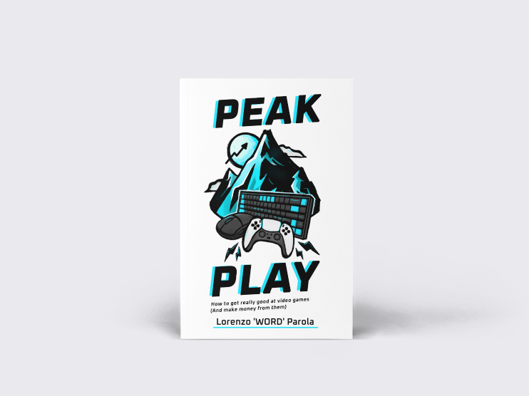 Book cover titled 'Peak Play' with mountain, gaming controller, keyboard, and lightning graphics, and subtitle 'How to get really good at video games (and make money from them)' by Lorenzo 'WORD' Parola.