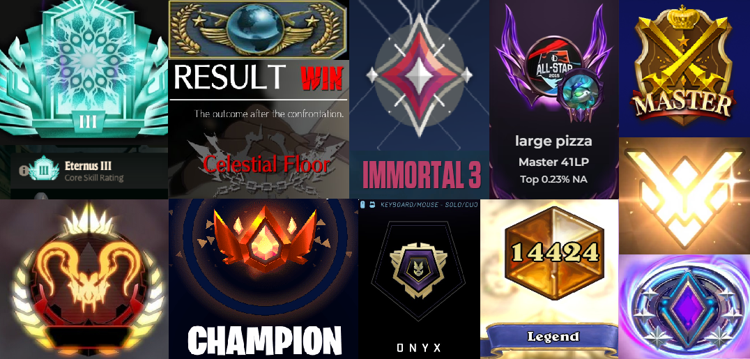 Image collage of gaming icons and achievements. Top row includes a teal emblem, a results screen showing a win and Celestial Floor, a red and gray diamond, purple wings and a pizza label, and a gold master badge. Bottom row displays a fiery emblem, a red and orange emblem, a black and purple badge, a gold hexagon with numbers, a legend badge, and a blue and purple emblem.