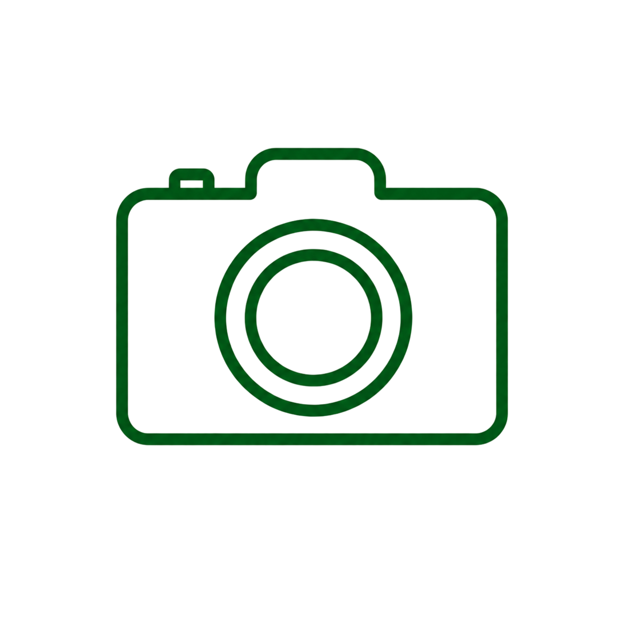 Outline of a camera icon in green on a black background.