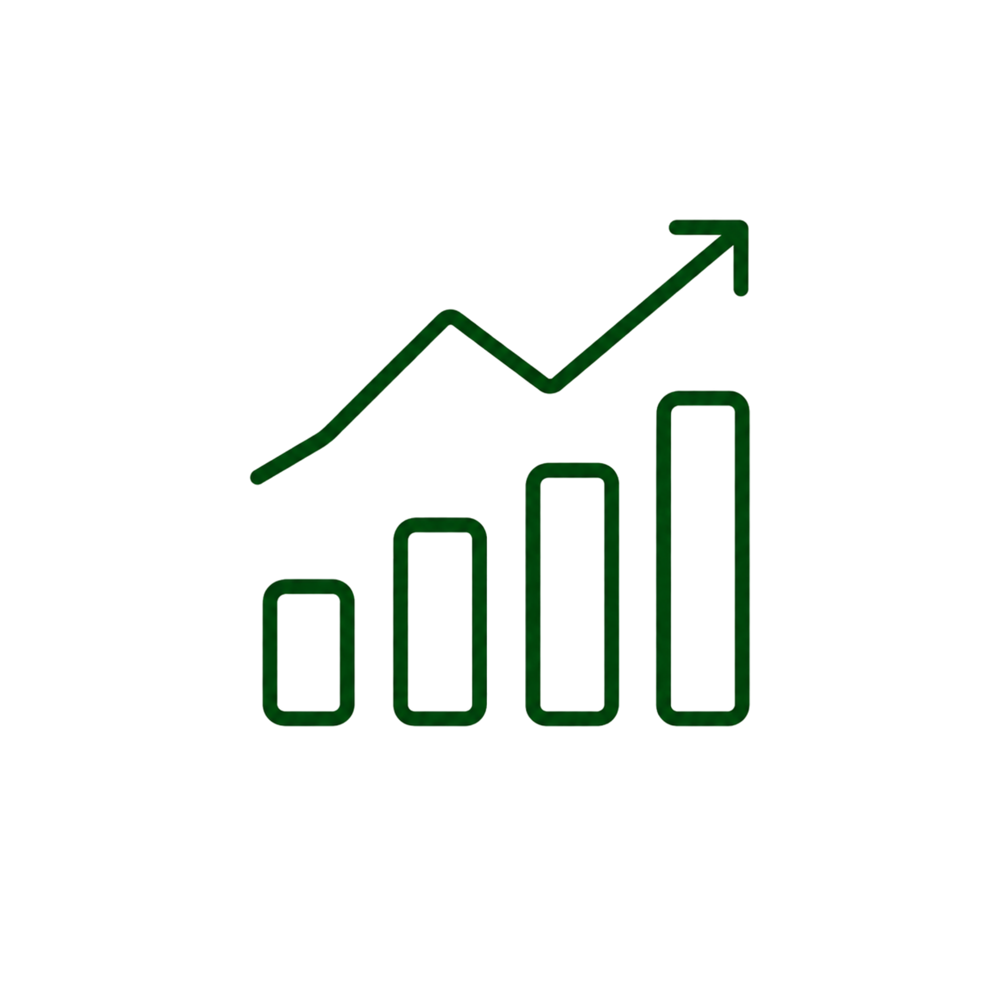 Green line graph with upward trend, bars increasing in size from left to right, on a transparent background.