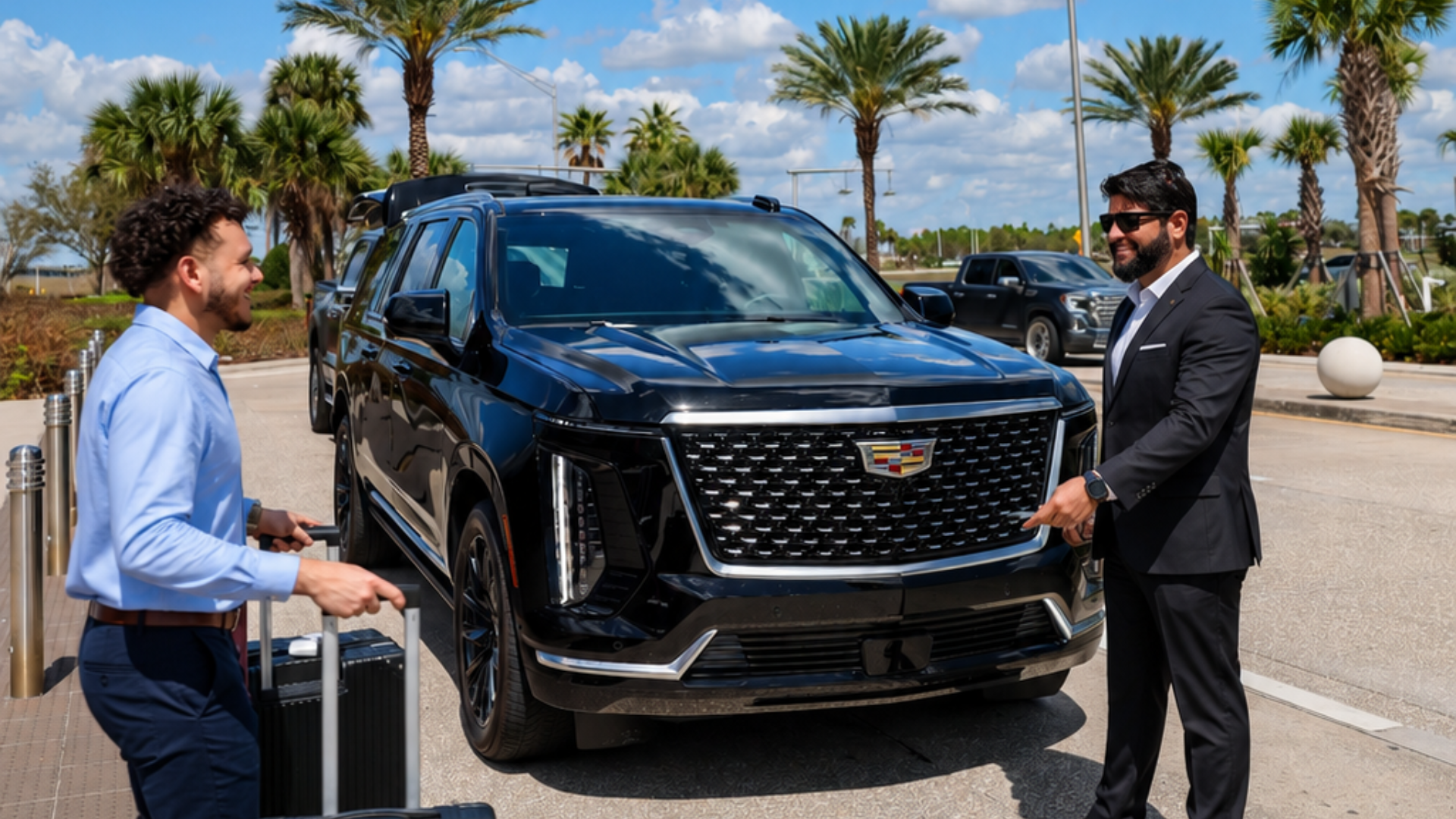 Two men are standing next to a black Cadillac SUV in a parking lot, having a conversation. One man is dressed in a light blue shirt and the other in a dark suit with sunglasses. Palm trees and a partly cloudy sky are visible in the background.