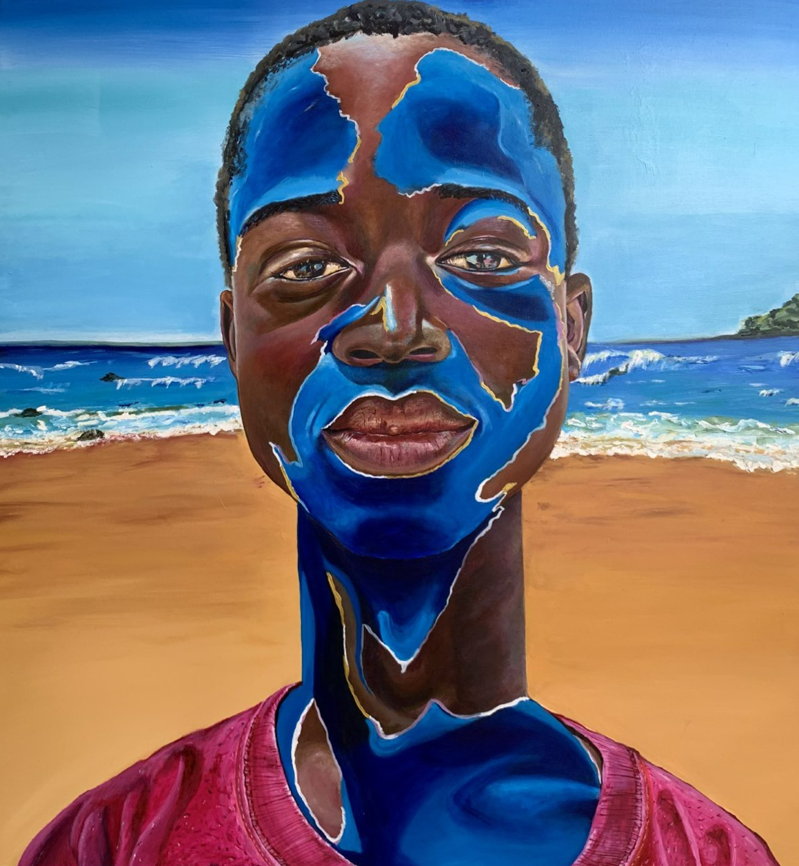 Echoes from Butre
This piece portray a young boy from Butre, in the western region of Ghana, standing against a seascape, paying tribute to his ancestors who endured the slave trade. Despite history's weight, his presence embodies hope and perseveran