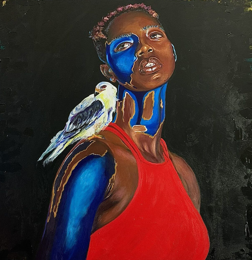 Feathered friend:
This piece features the artist herself portraying her bond with solitude and nature. Birds became her solace in loneliness, their songs comforting her at dawn and night.
This piece is a tribute to nature’s silent companionship durin