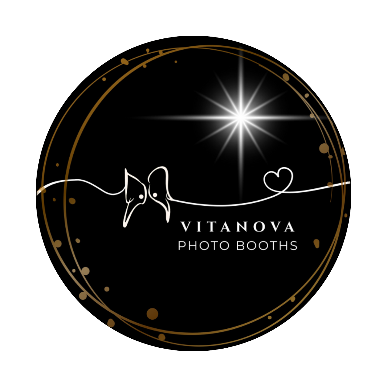 VitaNova logo, black circle with star/shine in the upper right corner symbolizing Vita’s big eyes and an outline of Nova’s ears, her papillon ears that resemble a butterfly which stands for a new beginning just like their names