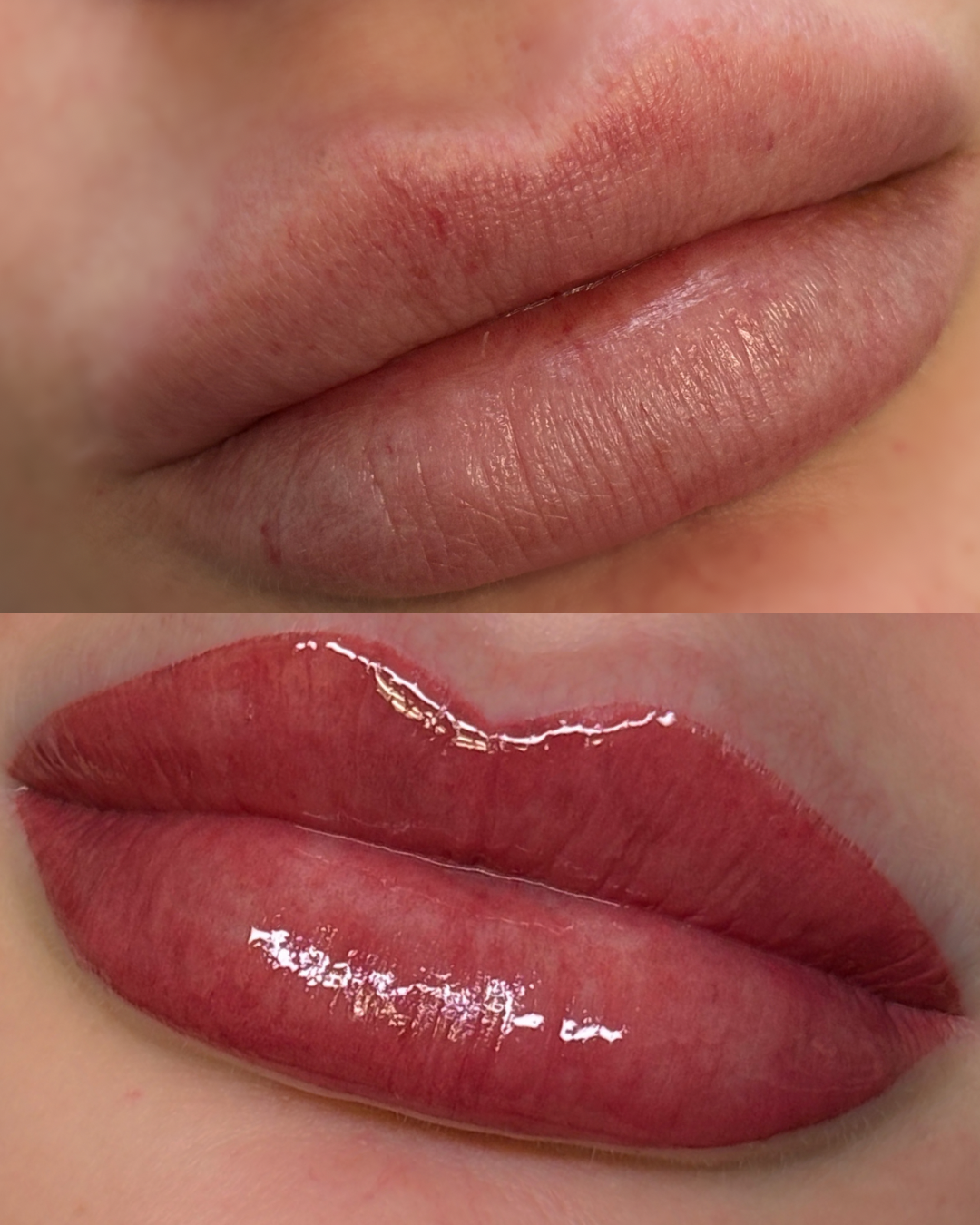Before and after lip blush treatment: top shows natural lips, bottom shows lips after lip tattooing.