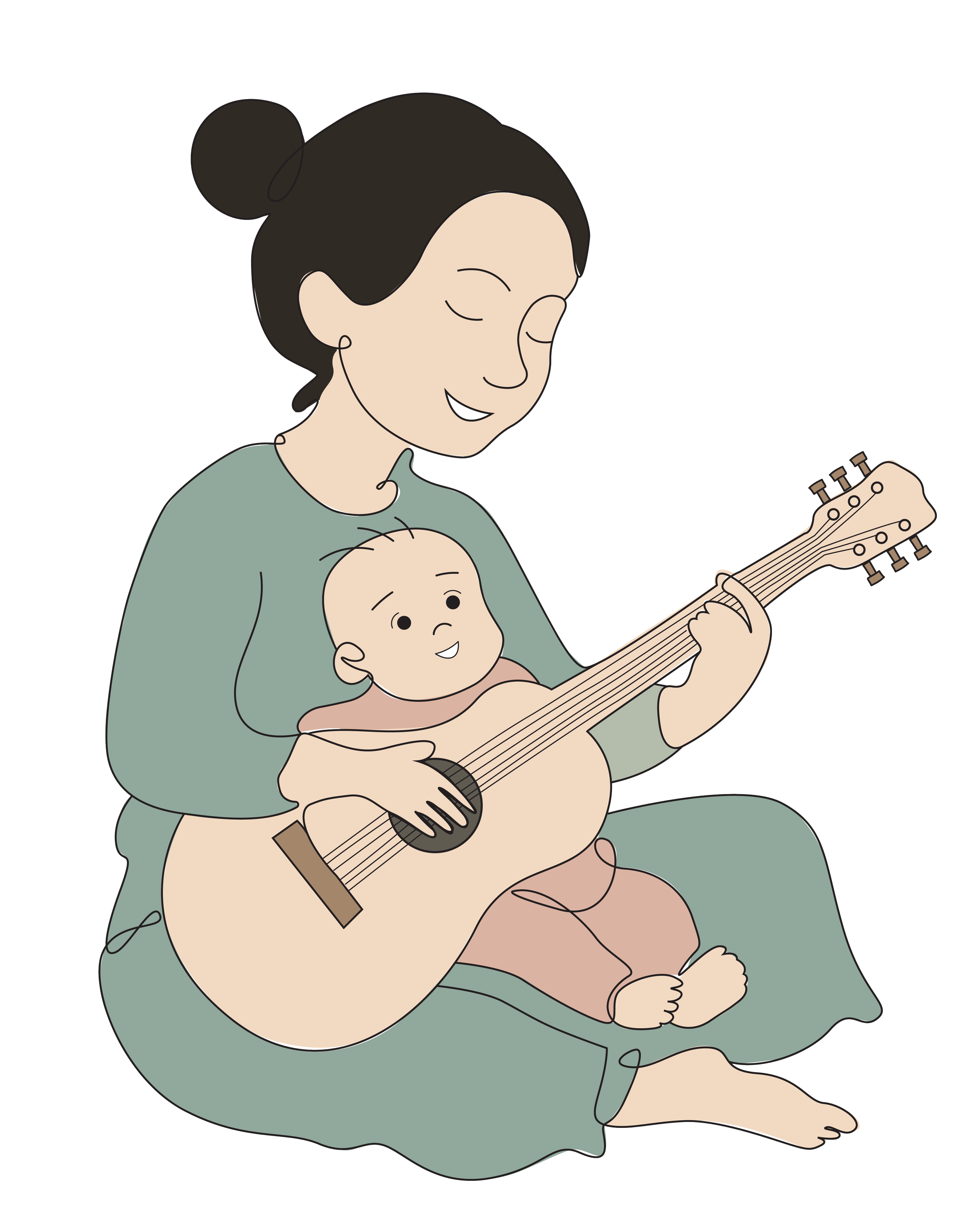 An illustration of a woman with dark hair in a bun, playing a guitar, while a baby sitting on her lap enjoys the music.