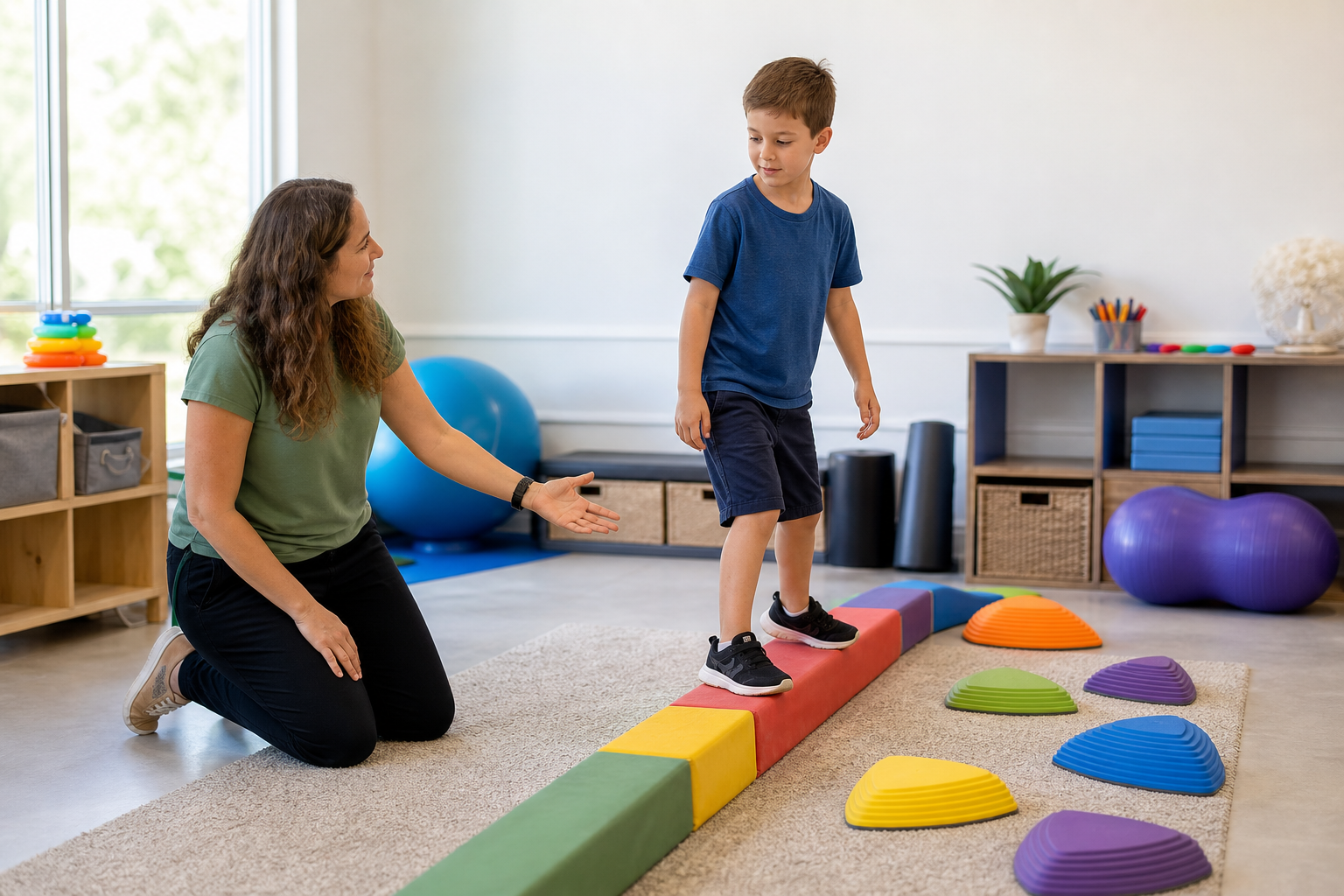 A child pauses on a low balance path and looks toward an adult offering a calm open-hand cue.