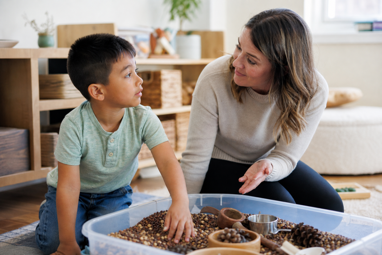 A child explores a sensory bin while checking an adult’s calm facial expression and open-hand cue.