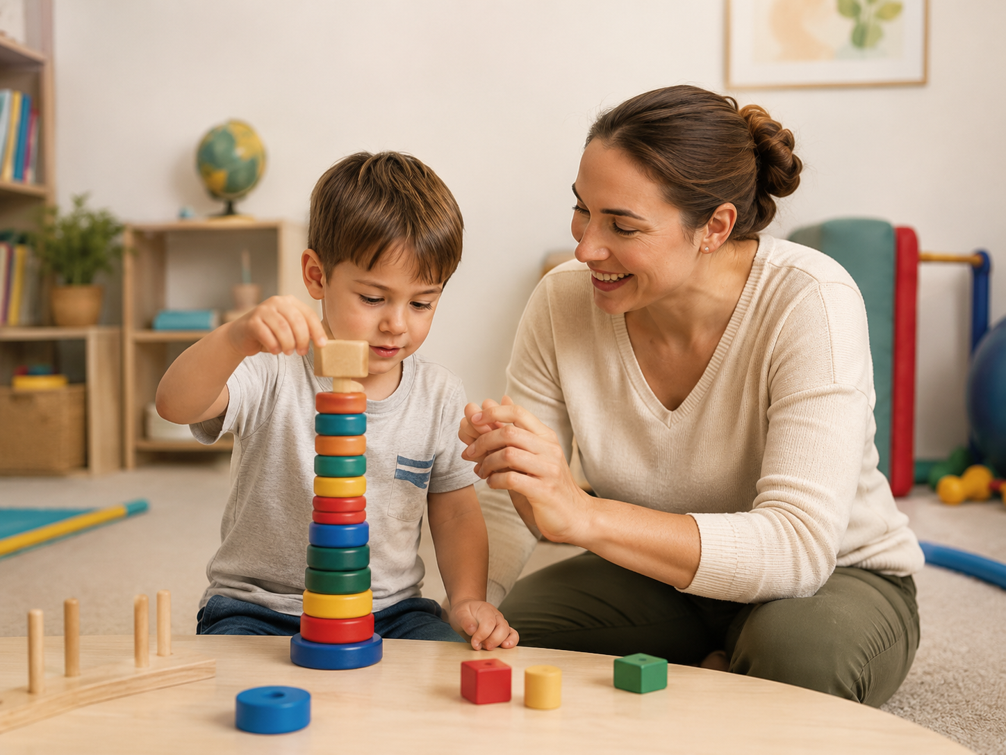 Young child stacking colorful rings while an adult watches and supports the activity.