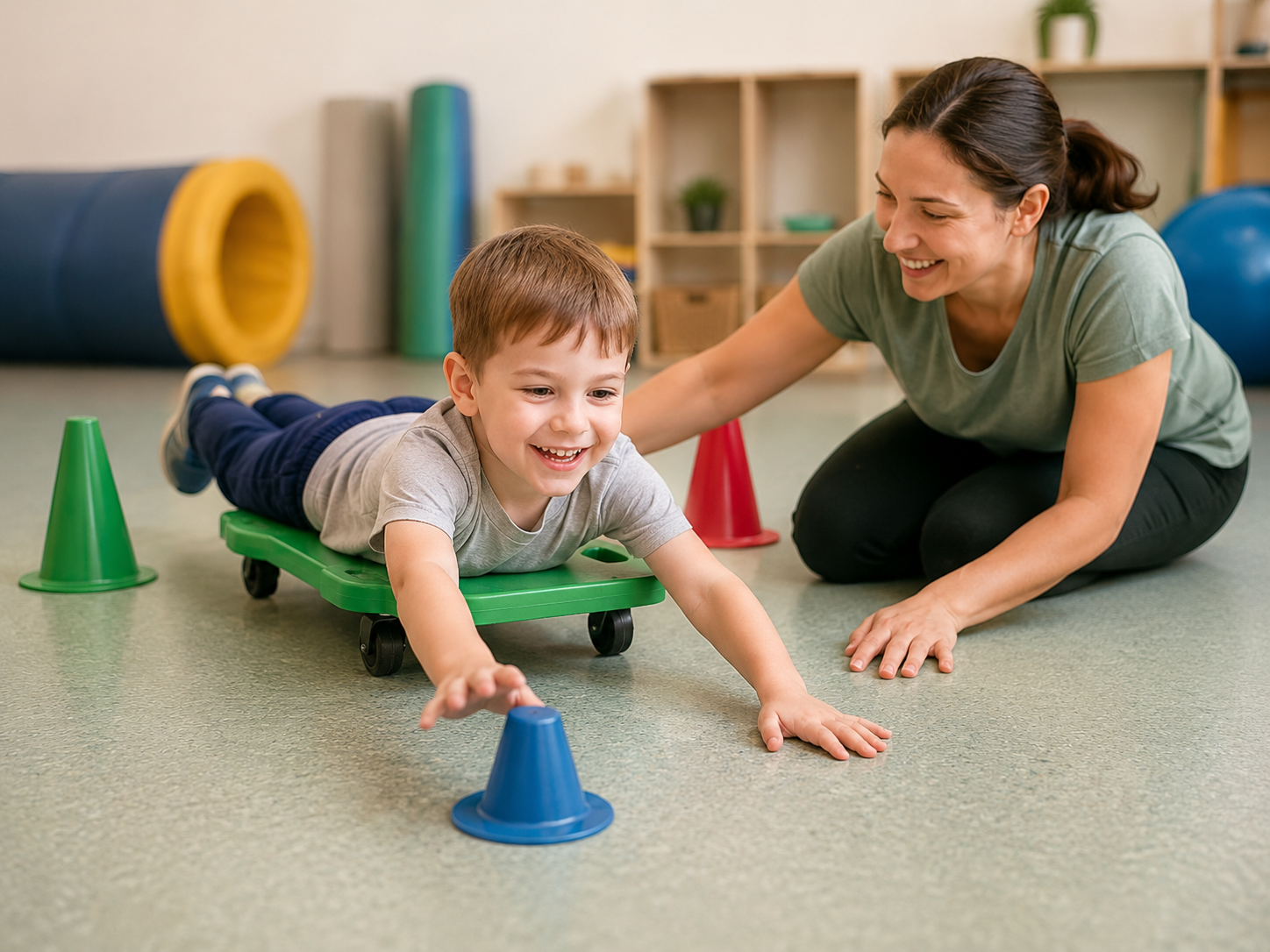 Young child reaching toward a cone while lying on a scooter board as an adult supports the movement activity.