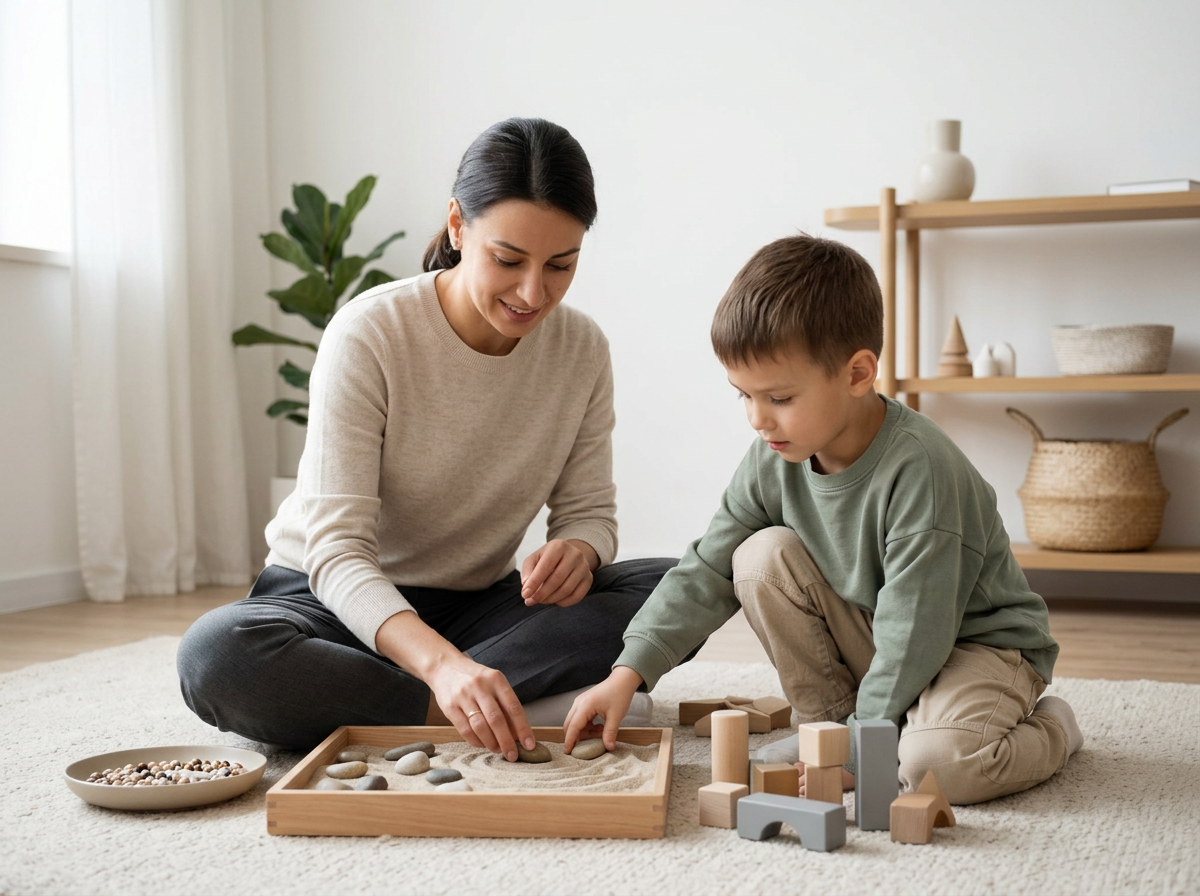 A parent and child sitting together on the floor and playing with wooden blocks.
