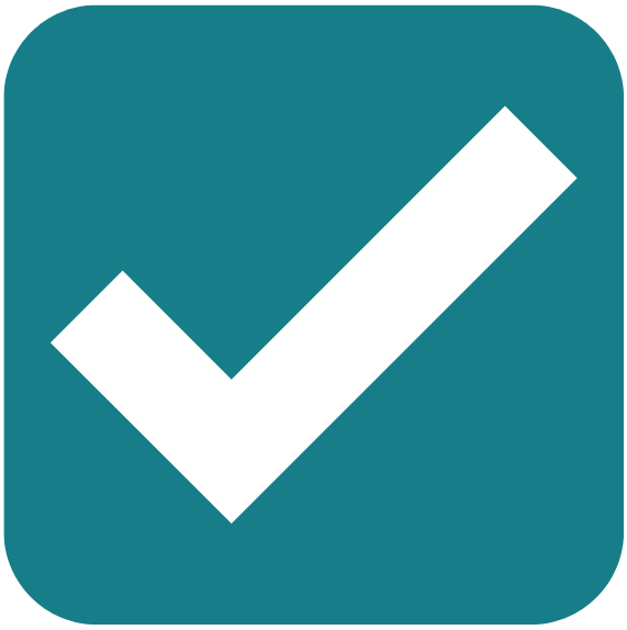 White check mark inside a teal square with rounded corners.