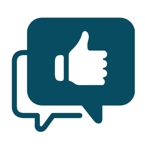Icon of a blue speech bubble with a thumbs-up icon inside, representing approval or positive feedback.