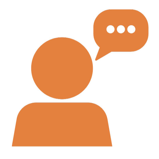 Icon of a orange silhouette of a person with a speech bubble containing three dots.