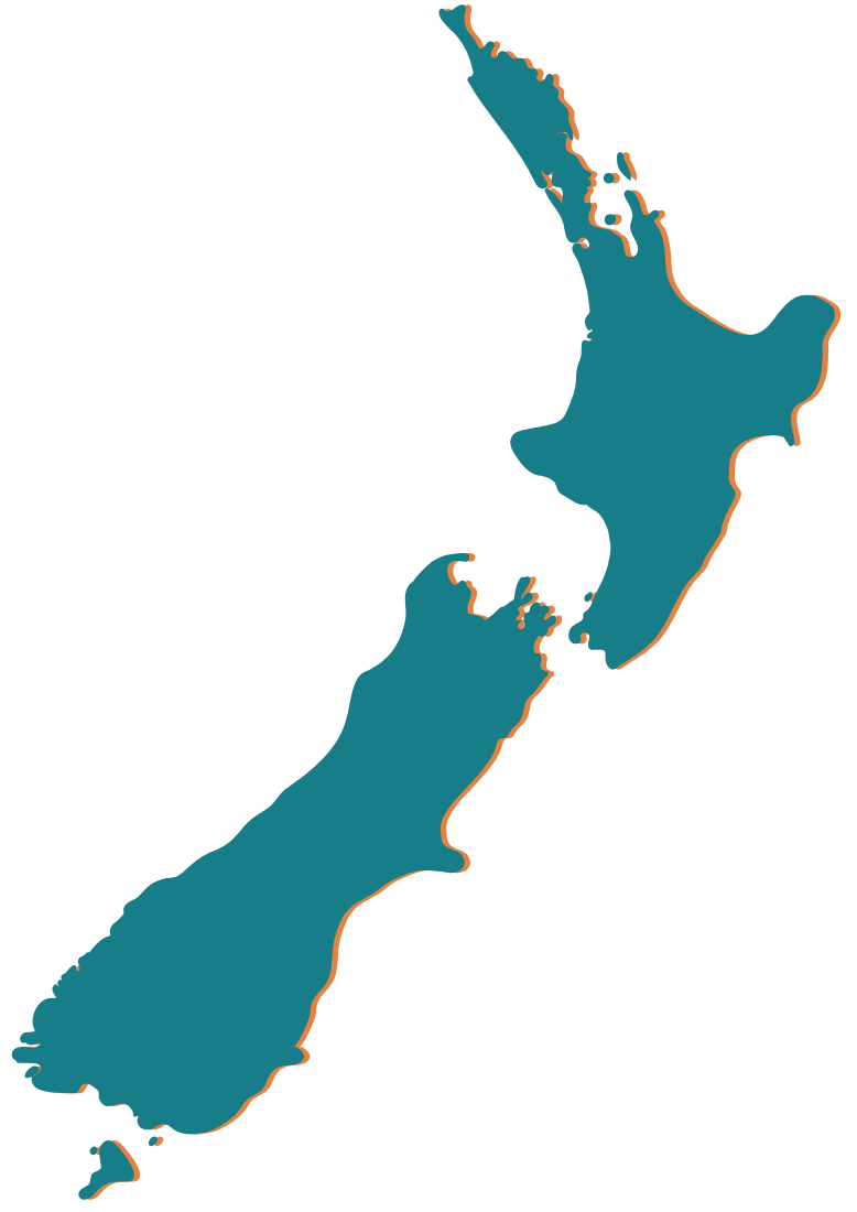 Map outline of New Zealand with blue fill and orange border.
