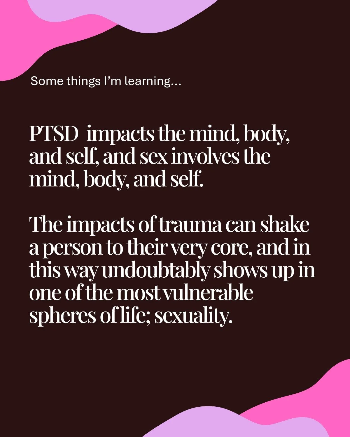 Day 2 intensive musings of my Variations in Sexual Function unit. In sex therapy, I have been focused on sexual wellbeing in the context of sexual trauma. However, I have been increasingly curious as to the impact of non-sexual trauma (more broadly) 