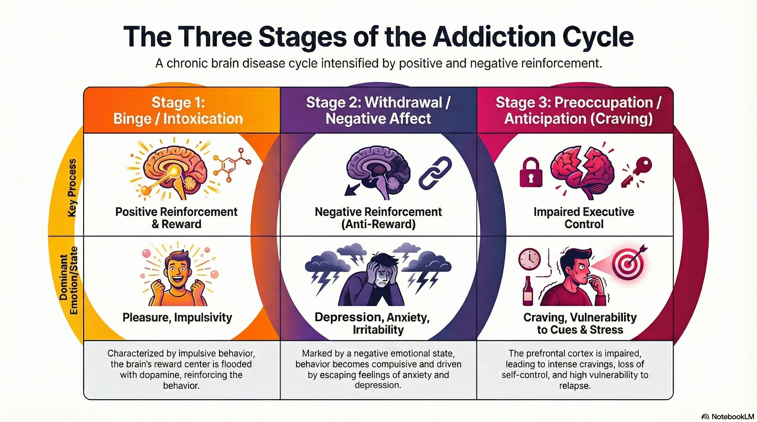 the three stages of addiction: binge, withdrawal, and preoccupation (binge, crash, craving)