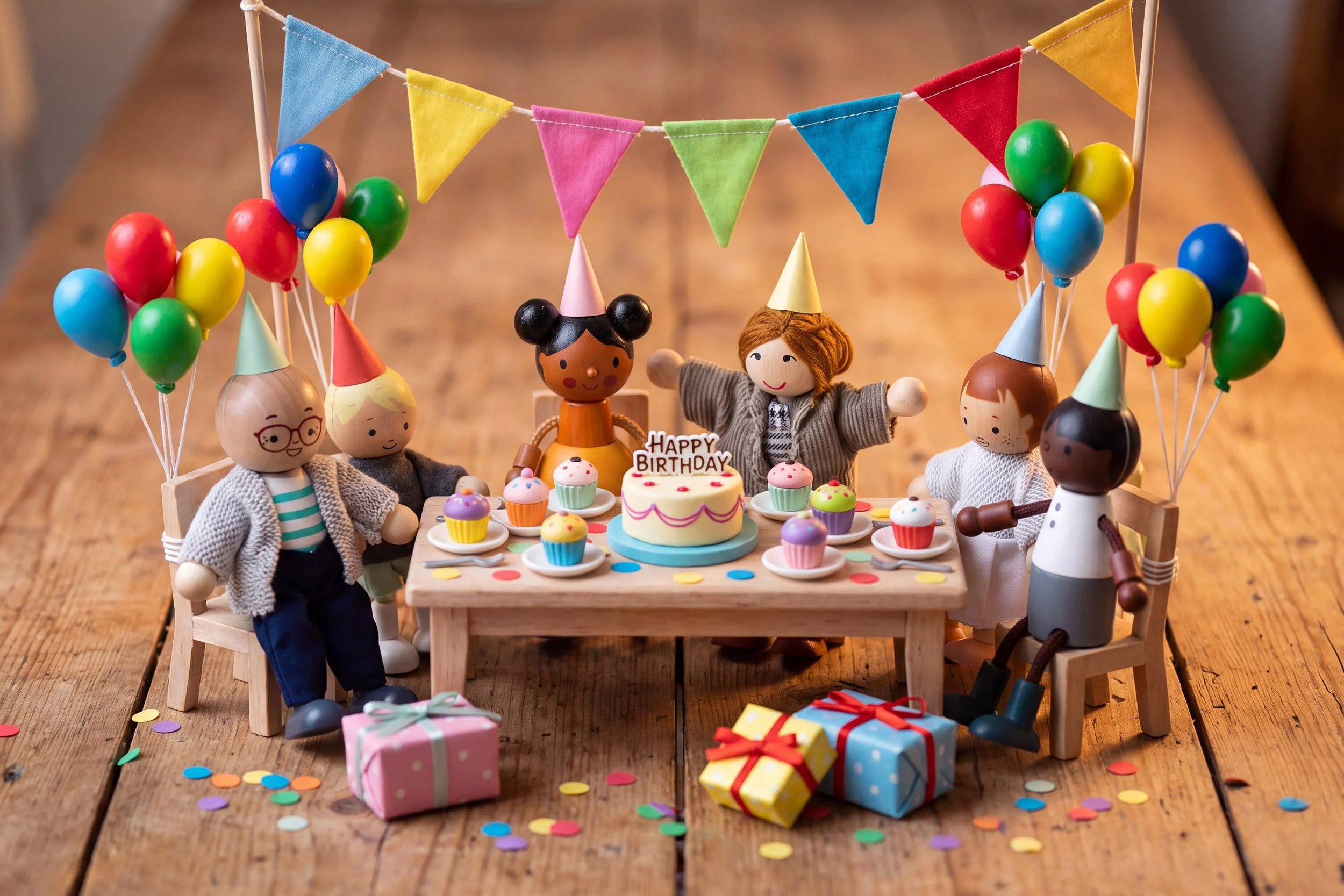 Wooden dolls celebrating Bubble & Speak’s 10th anniversary with drinks, cakes and laughter