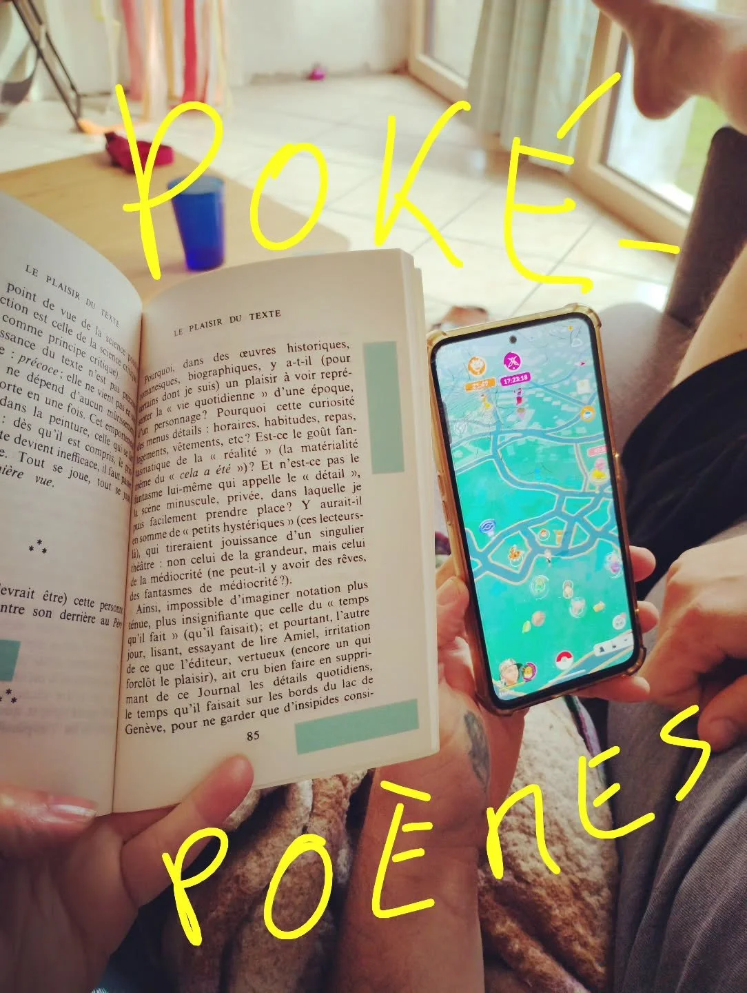 Pok&eacute;-Po&egrave;mes 
Canap&eacute; partag&eacute; 
Pour le meilleur et pour le pire 

Quand Roland Barthes rythme la chasse aux pok&eacute;mons.

"Le plaisir du texte" de Roland Barthes @editionspoints

#pokemon #rolandbarthes #mariag