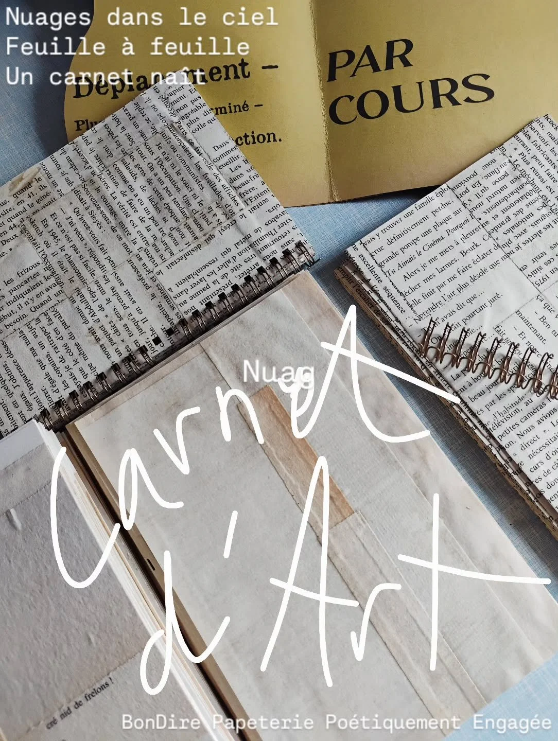 Nuages dans le ciel 
Feuille &agrave; feuille 
Un carnet na&icirc;t 

"Parcours" est le premier th&egrave;me de cette nouvelle venue, carnet d'art 

Un objet enti&egrave;rement fait &agrave; la main 
Des feuilles chin&eacute;es trouv&eacute