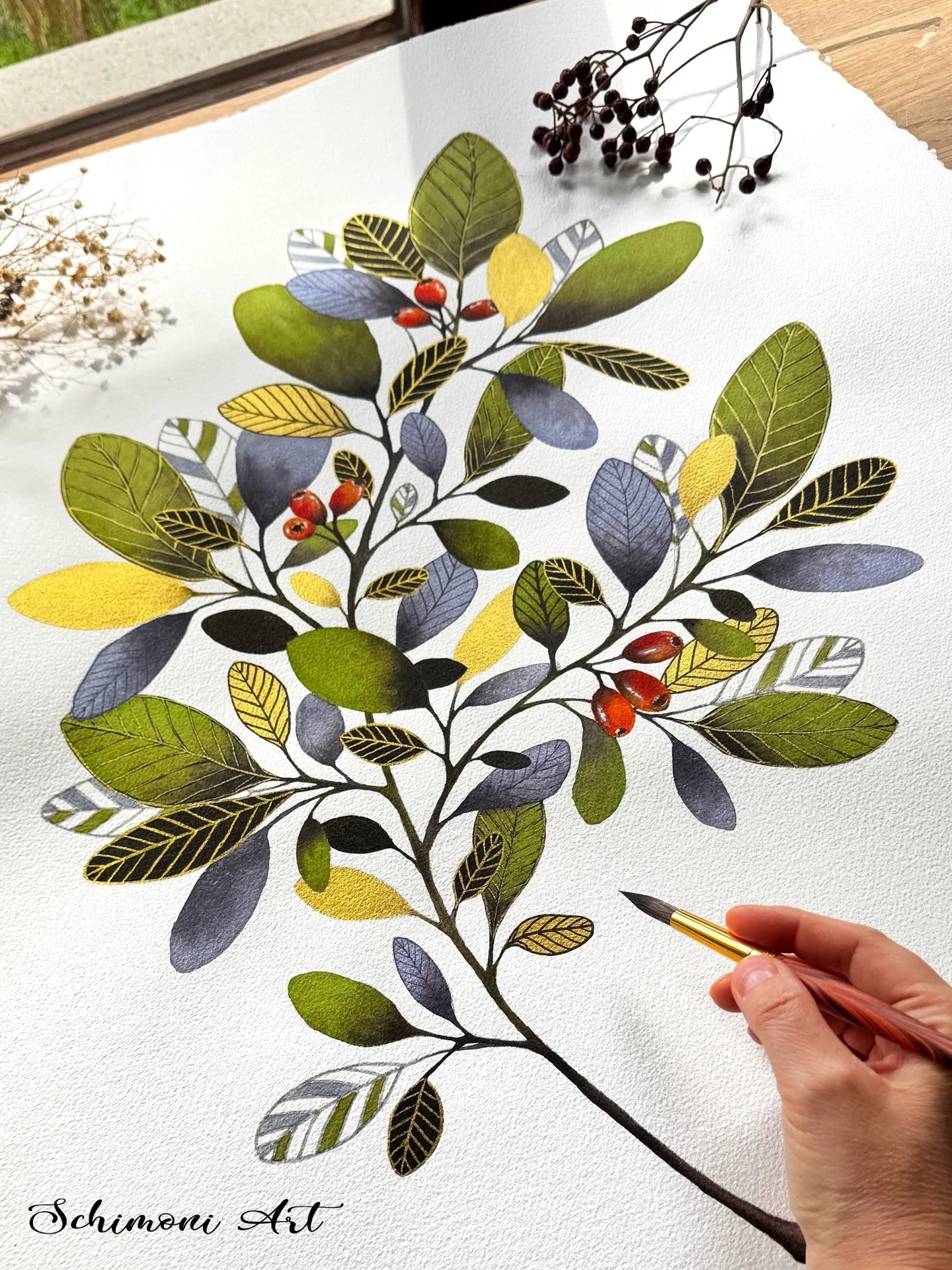 A few close-ups from my recent reel 🌱 
Details of the final painting.🥰

 #watercolorleaves #wasserfarben #aquarelle #inspiredbynature #schimoniartbrushes