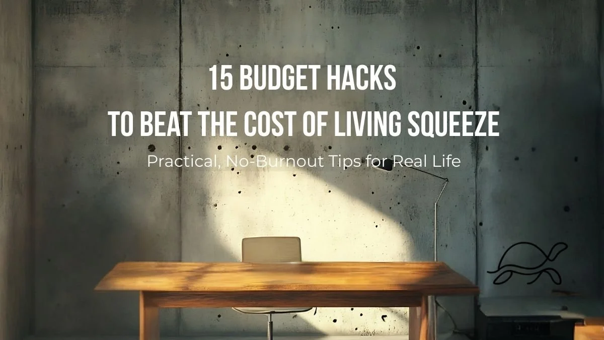 15 Budget Hacks to Beat the Cost of Living Squeeze. Background shows a cozy kitchen table with groceries and a budgeting notebook, representing realistic home money-saving strategies.